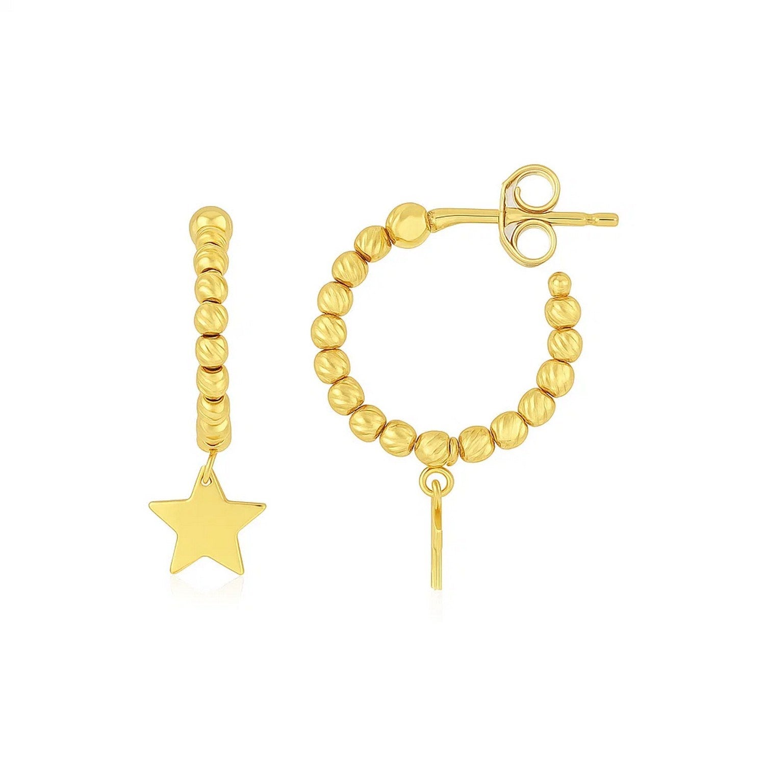 14K Yellow Gold Drop Star Charm Beaded Hoop Earrings in a sleek high-contrast midnight luxury editorial style